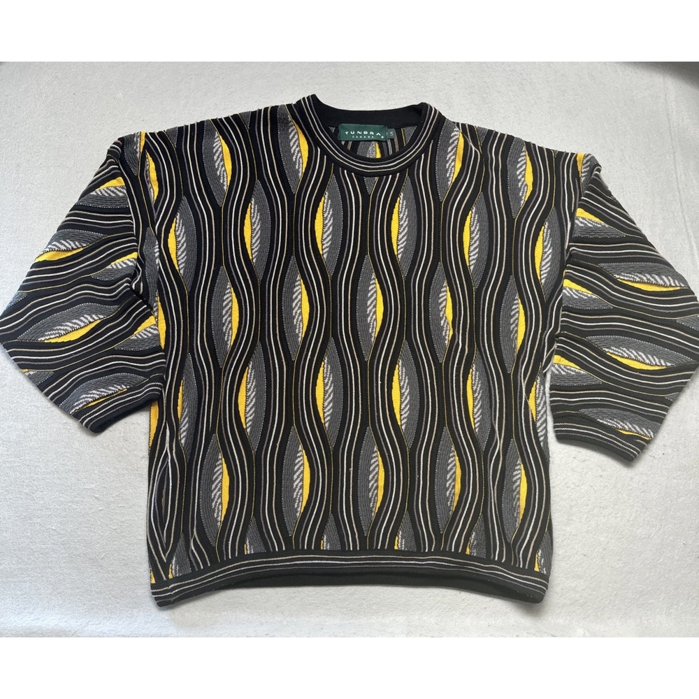 Vtg 90s TUNDRA CANADA Sweater Black Gray Gold Coogi Style Cosby Men's Large